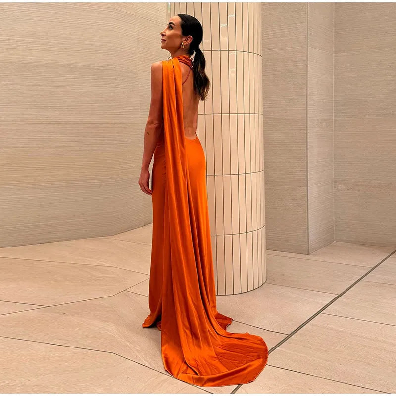 Elegant Satin Halter Dress – Backless Party Gown