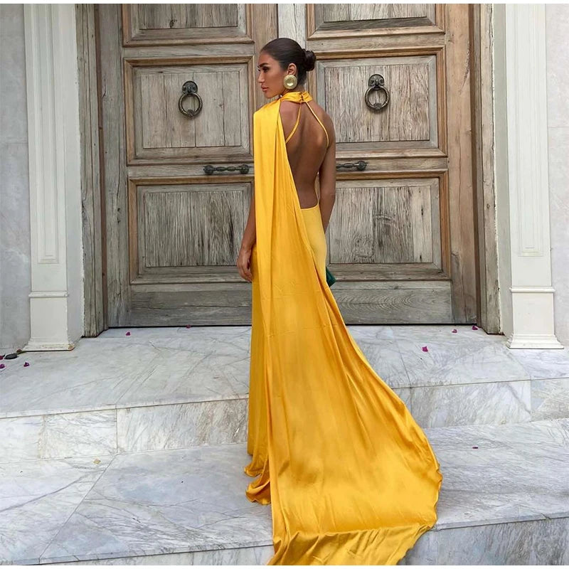 Elegant Satin Halter Dress – Backless Party Gown