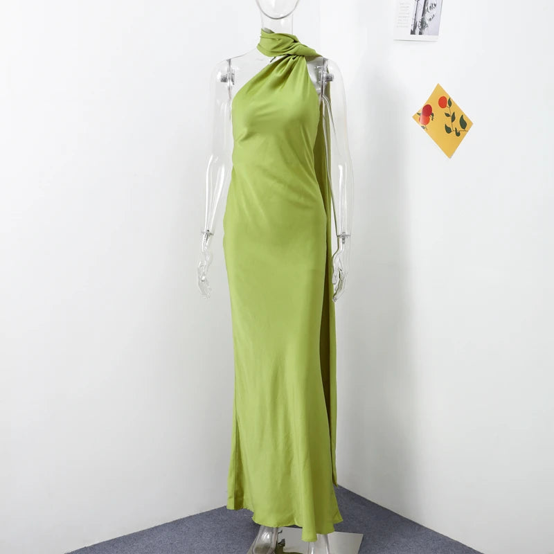 Elegant Satin Halter Dress – Backless Party Gown