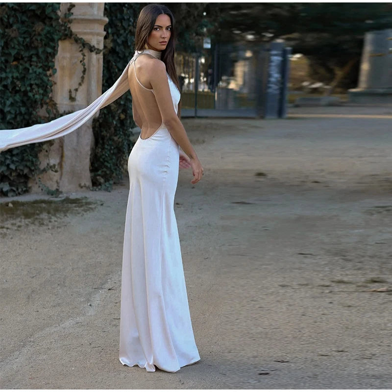 Elegant Satin Halter Dress – Backless Party Gown