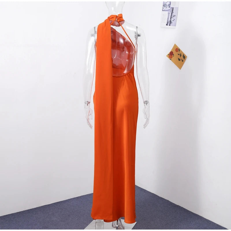Elegant Satin Halter Dress – Backless Party Gown
