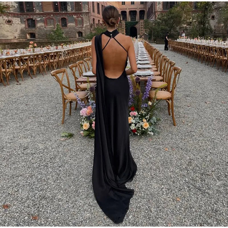 Elegant Satin Halter Dress – Backless Party Gown