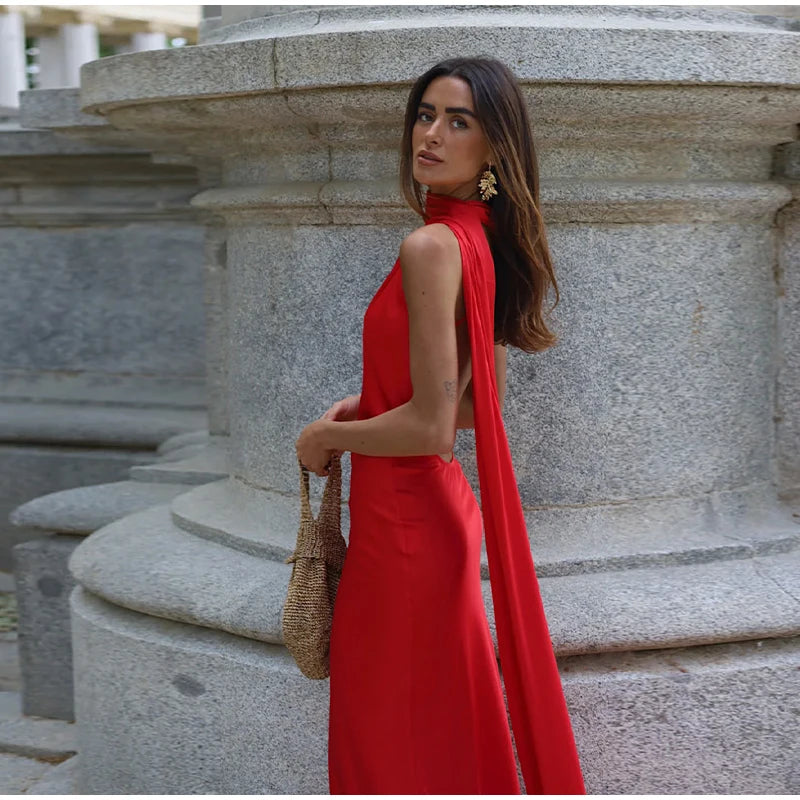 Elegant Satin Halter Dress – Backless Party Gown