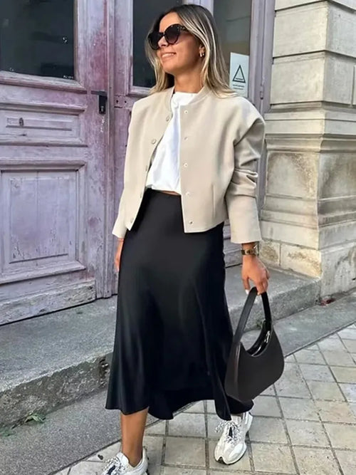 Elegant Satin Midi Skirt | High Waist | Office & Party
