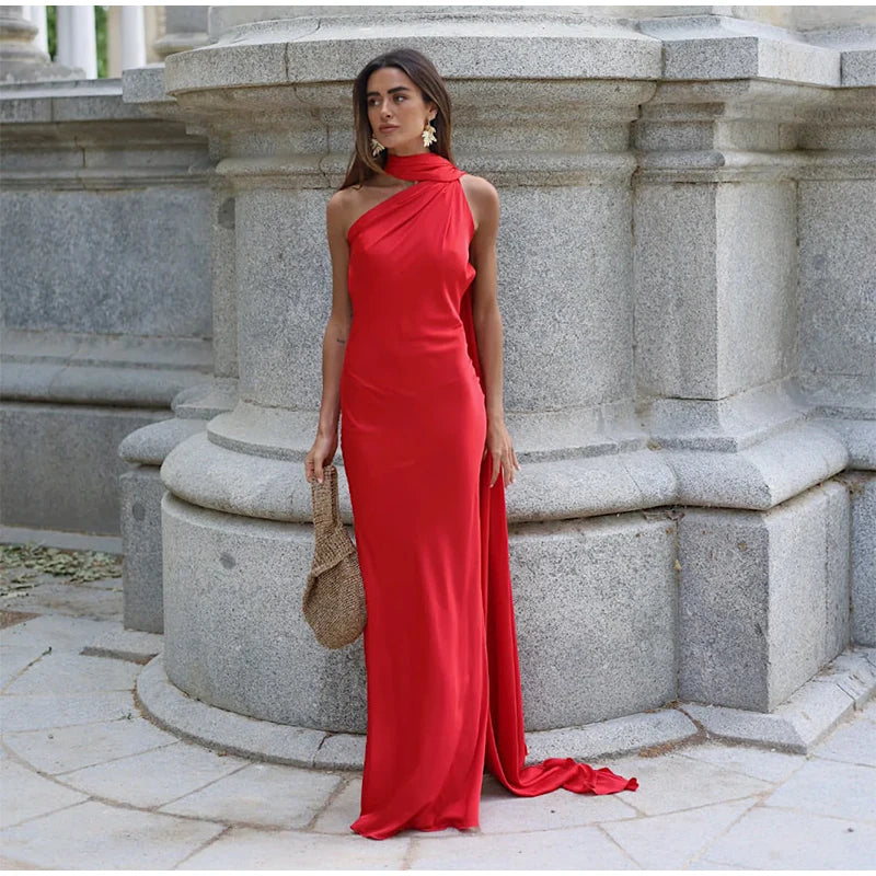 Elegant Satin Halter Dress – Backless Party Gown