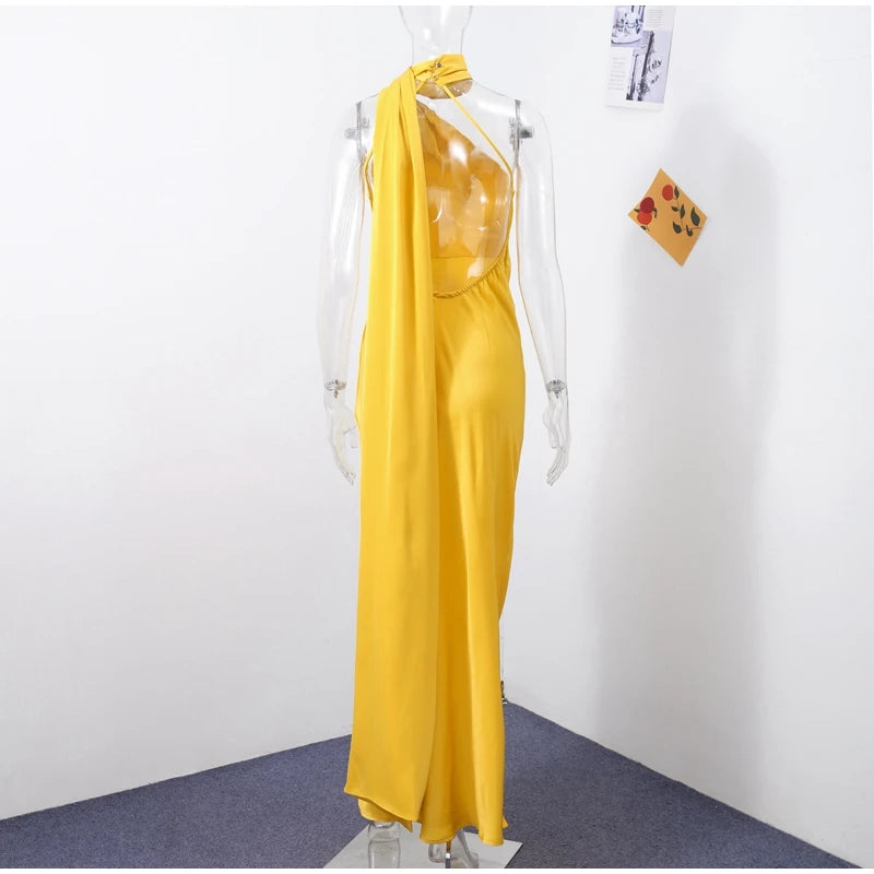 Elegant Satin Halter Dress – Backless Party Gown