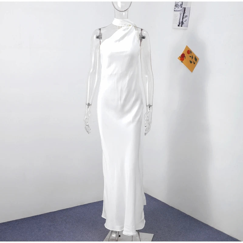Elegant Satin Halter Dress – Backless Party Gown