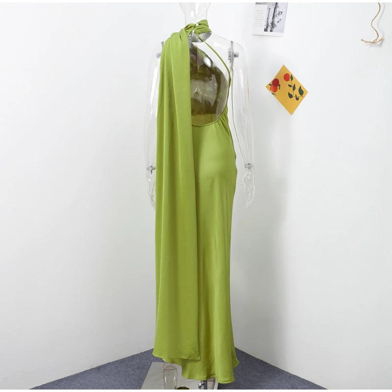 Elegant Satin Halter Dress – Backless Party Gown