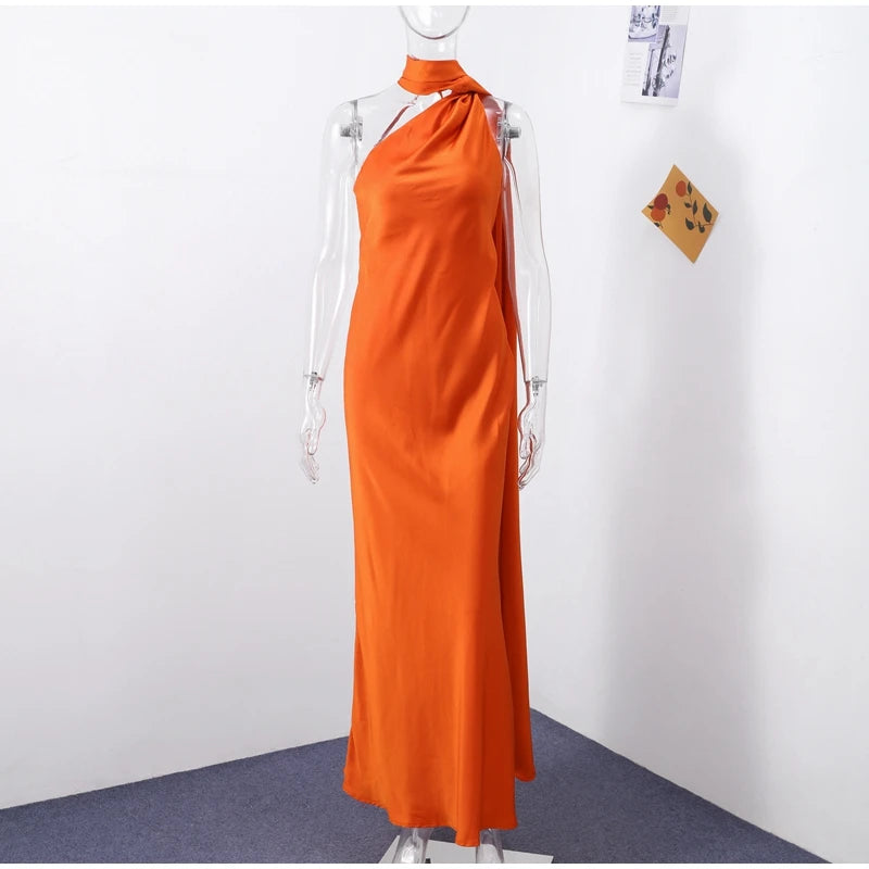 Elegant Satin Halter Dress – Backless Party Gown